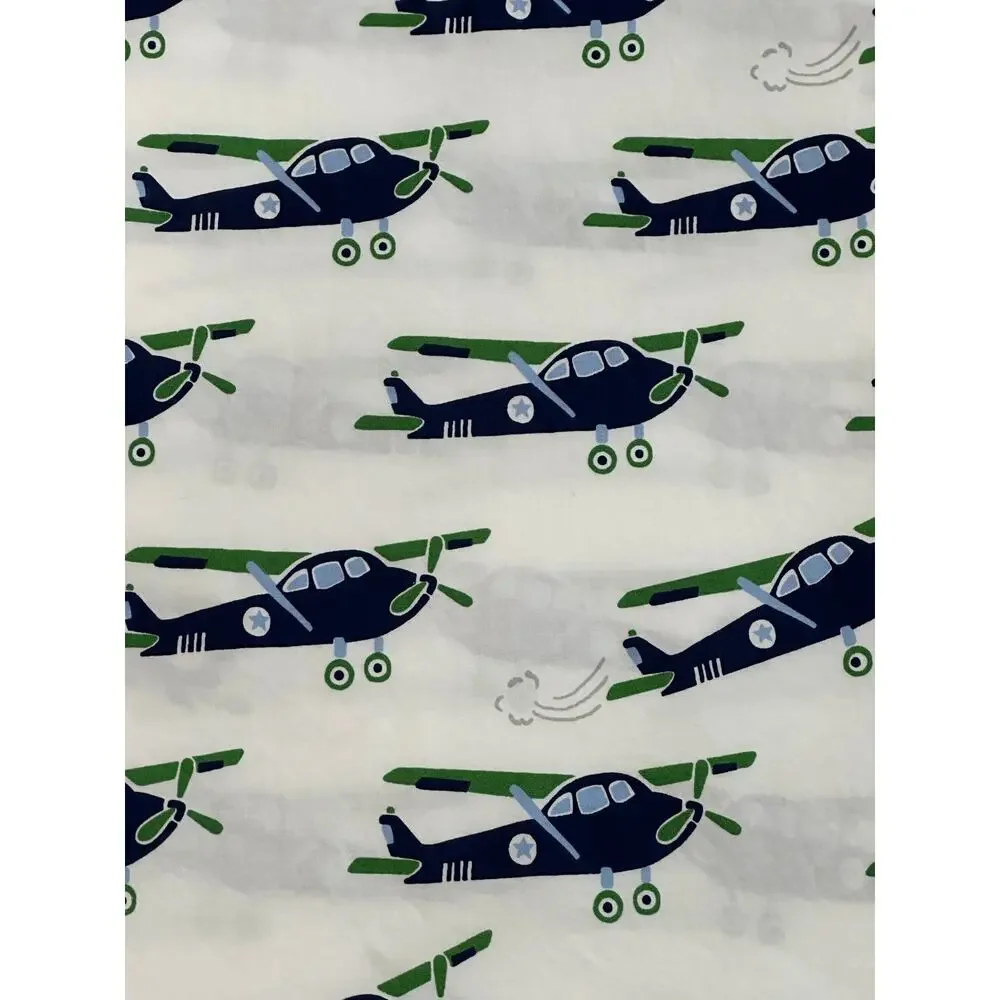 EUC Pottery Barn Full FLAT Sheet Vintage Airplane Print Blue Green